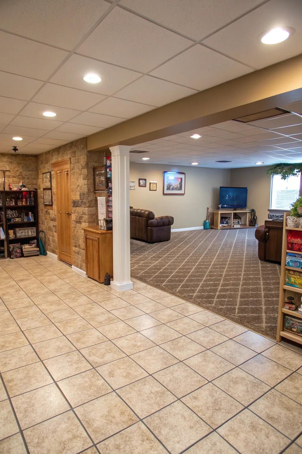 Tile and rug combinations provide functional zoning in basements.