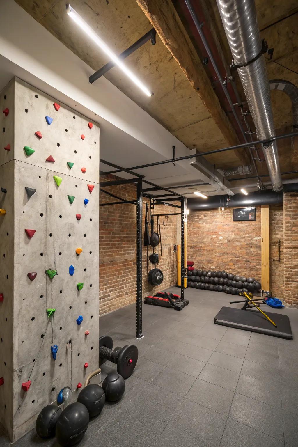 A climbing wall adds an adventurous element to your gym.