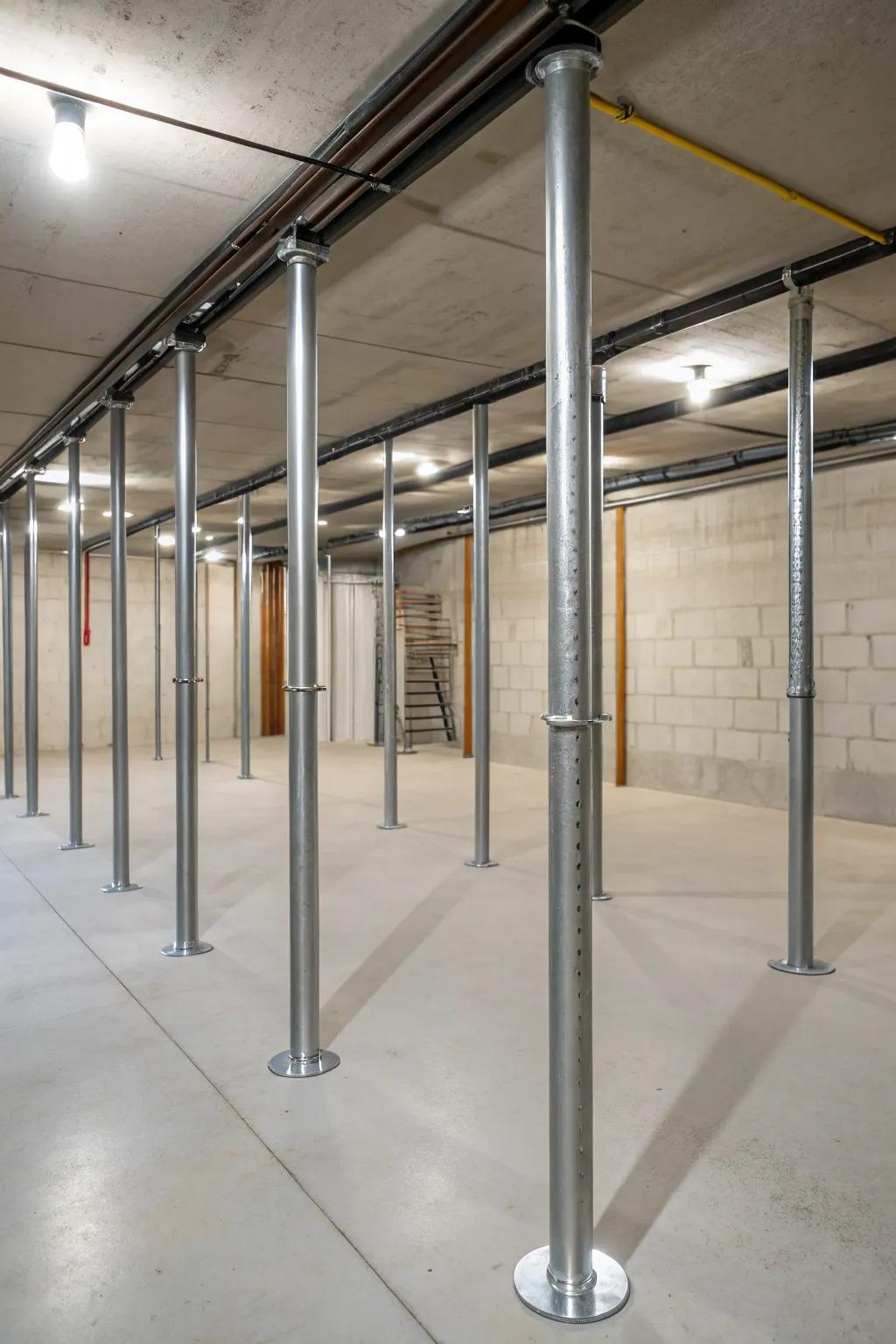 Metal accents give a modern, industrial touch to basement poles.