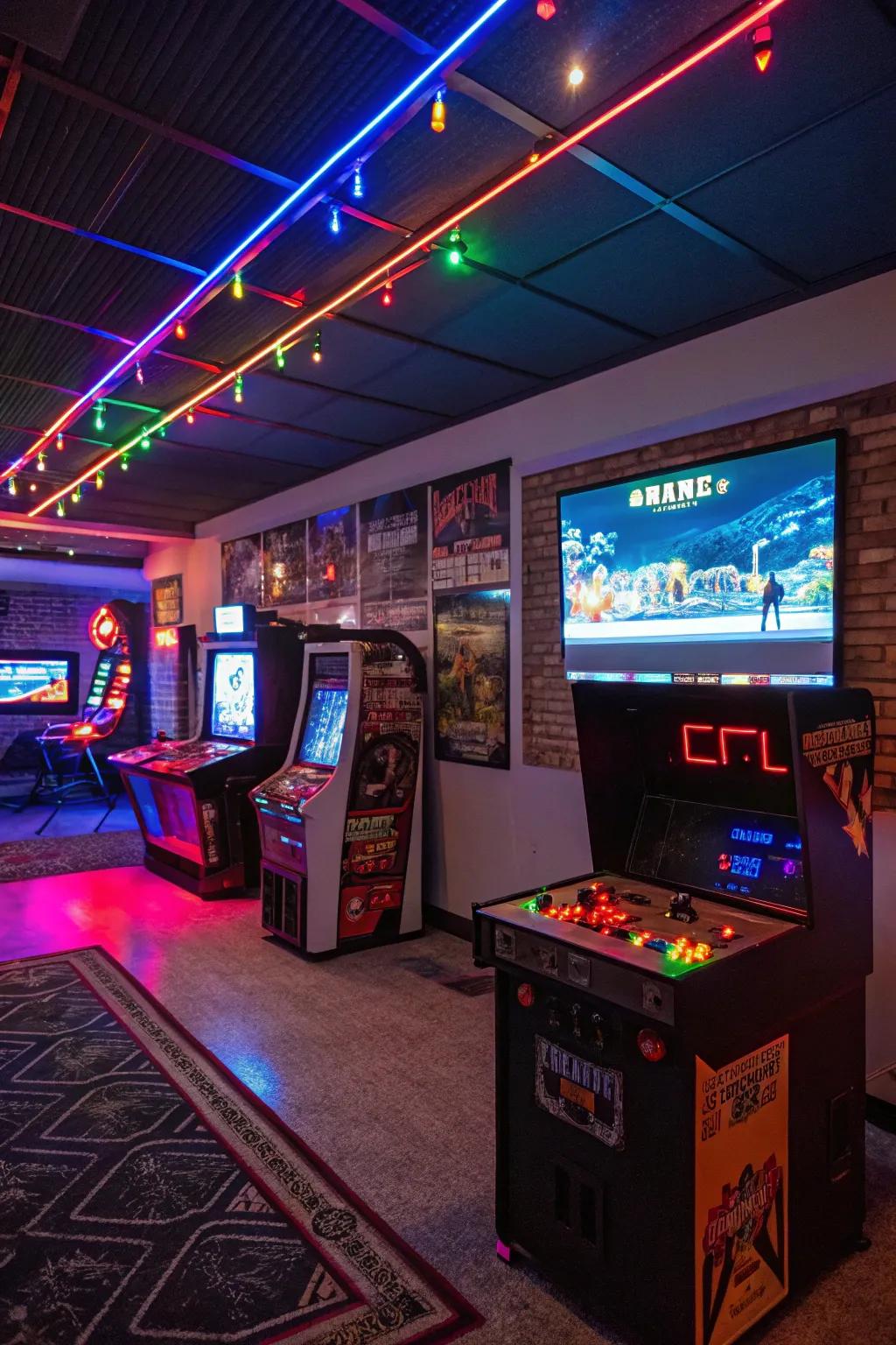 A fun game room located in the basement and showcasing arcade games and vibrant LED lighting.