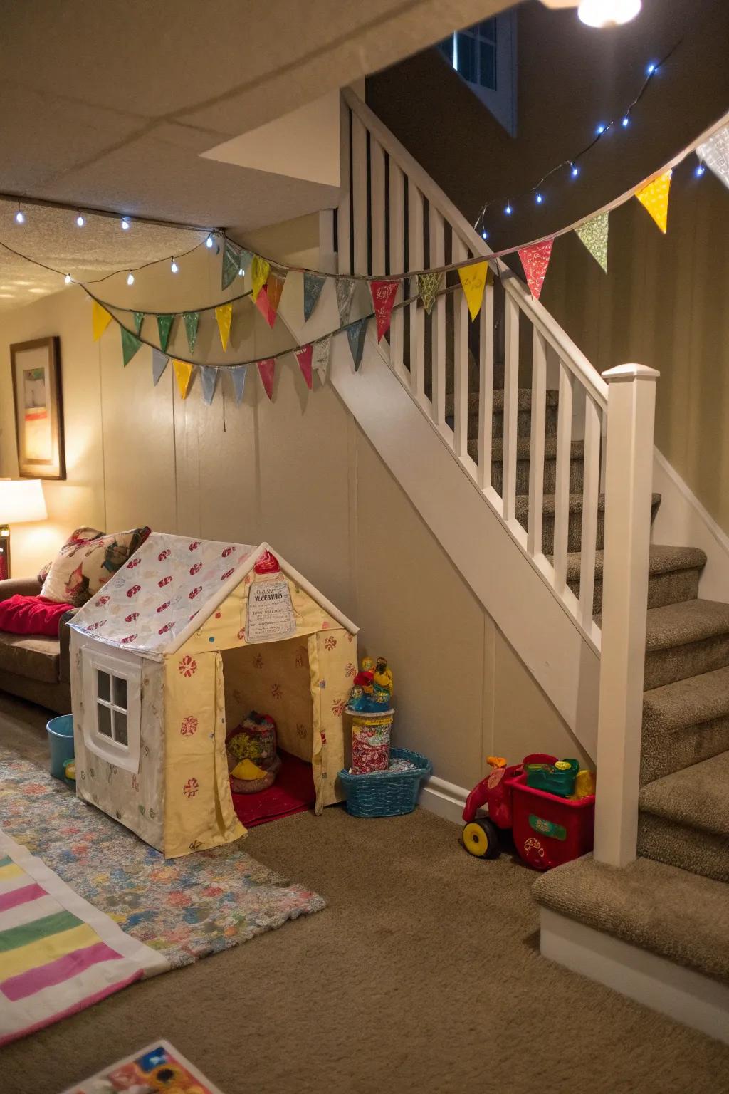 An under-stairs playhouse is a whimsical retreat for youngsters.