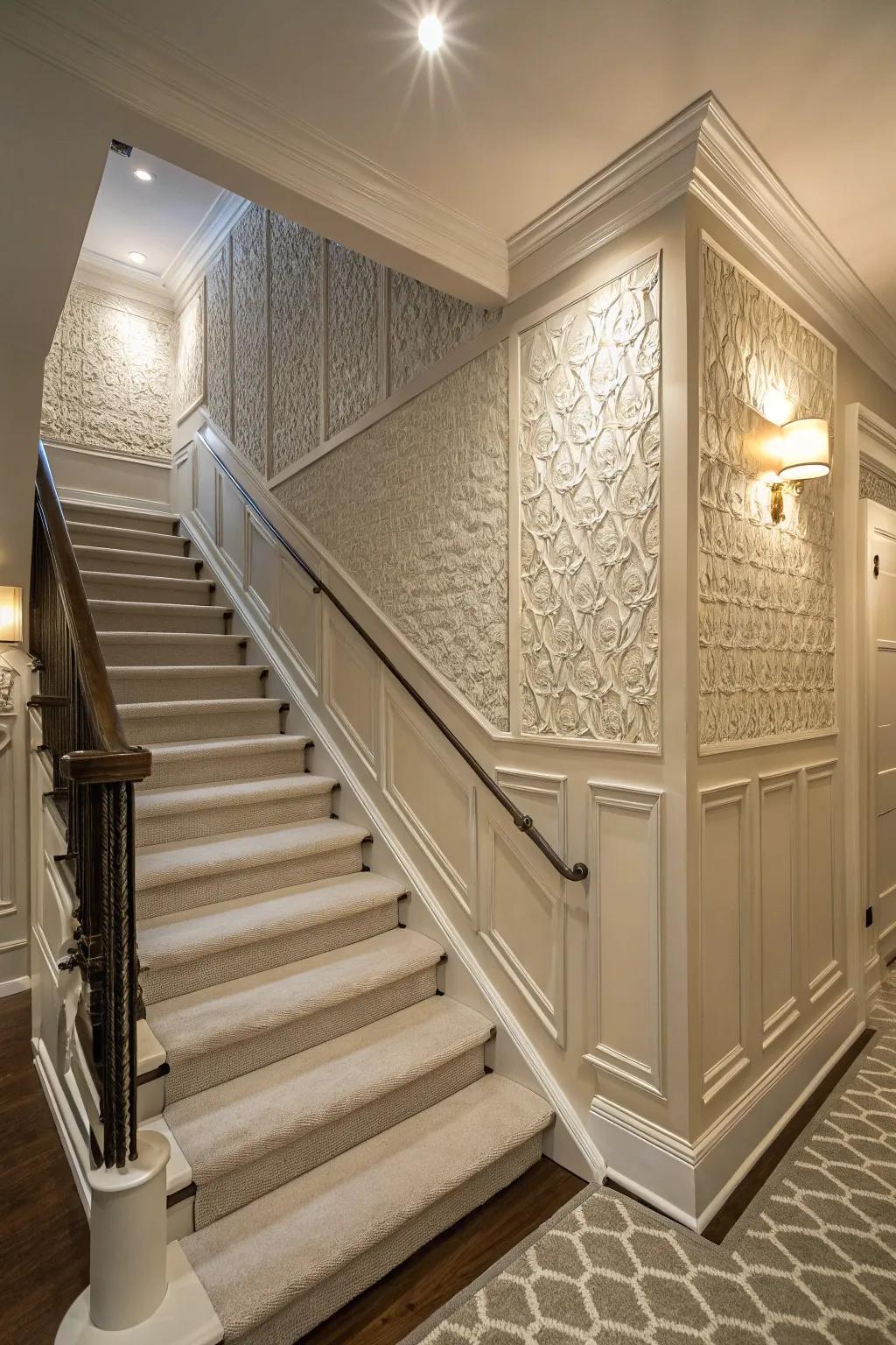 Textured surfaces add depth and sophistication to your stairway.