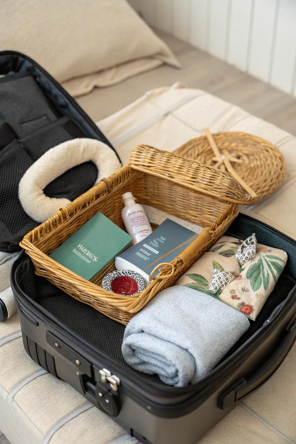 Equip travelers with a basket filled with essential items.