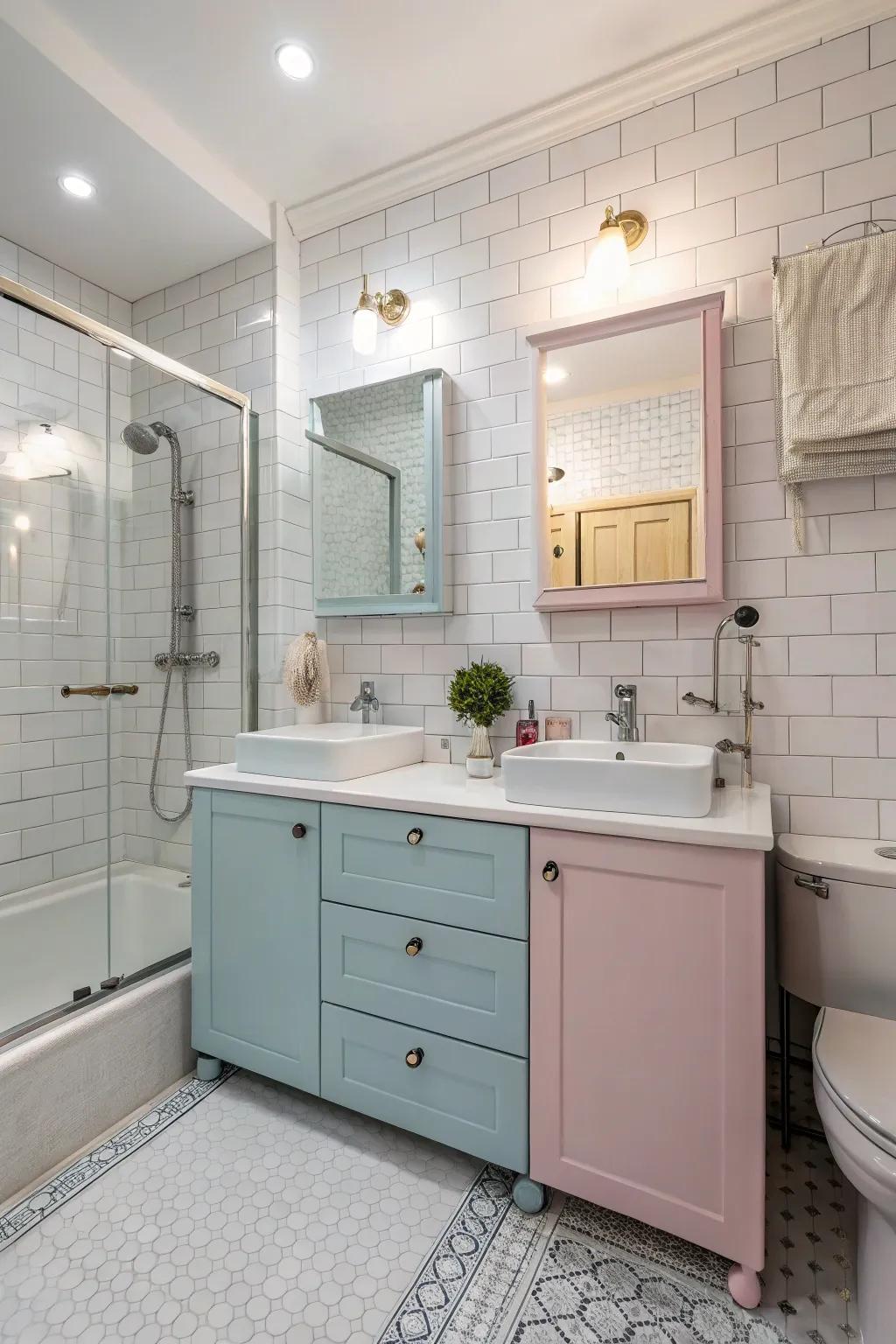 Pastel shades add a soft, calming touch to the bathroom.