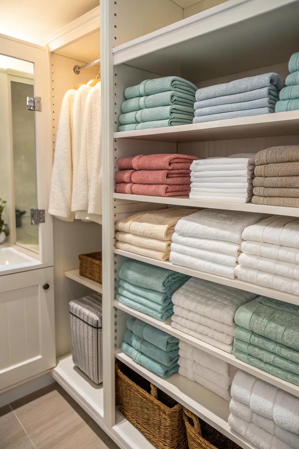 Shade-coded linens for intuitive arrangement.