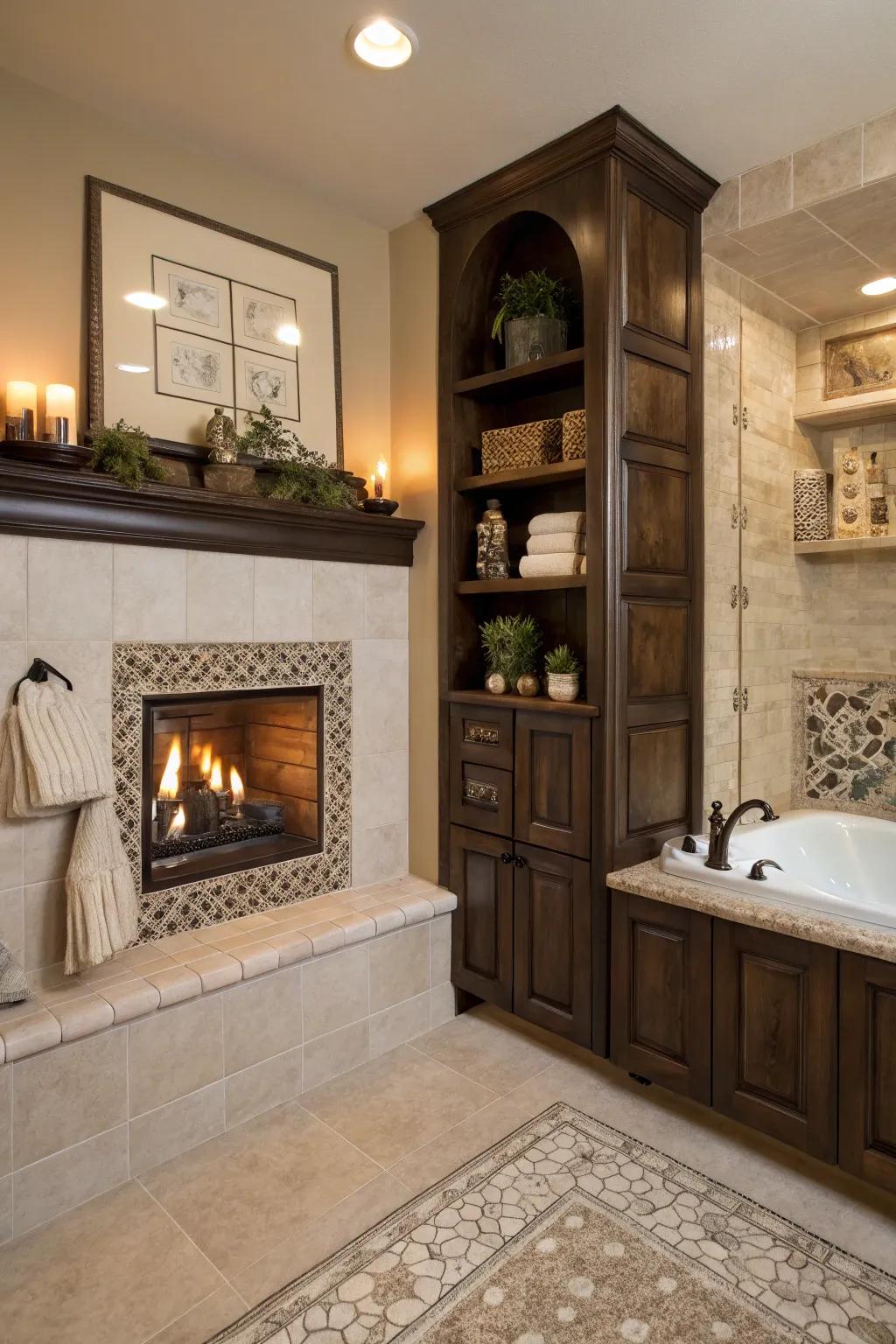 Integrated shelving around the fireplace for added functionality.