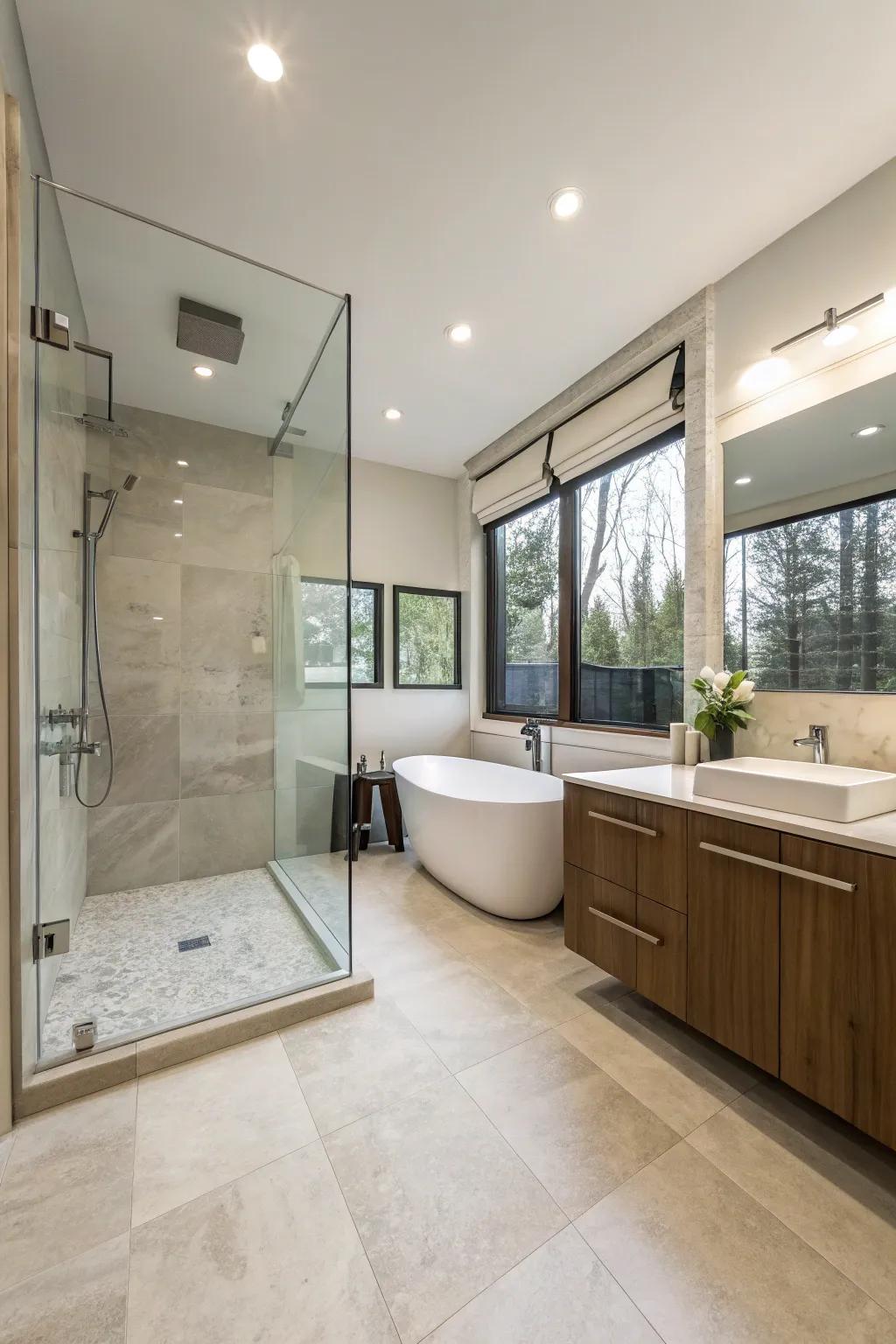 A bathroom design achieves seamless flow with consistent flooring.