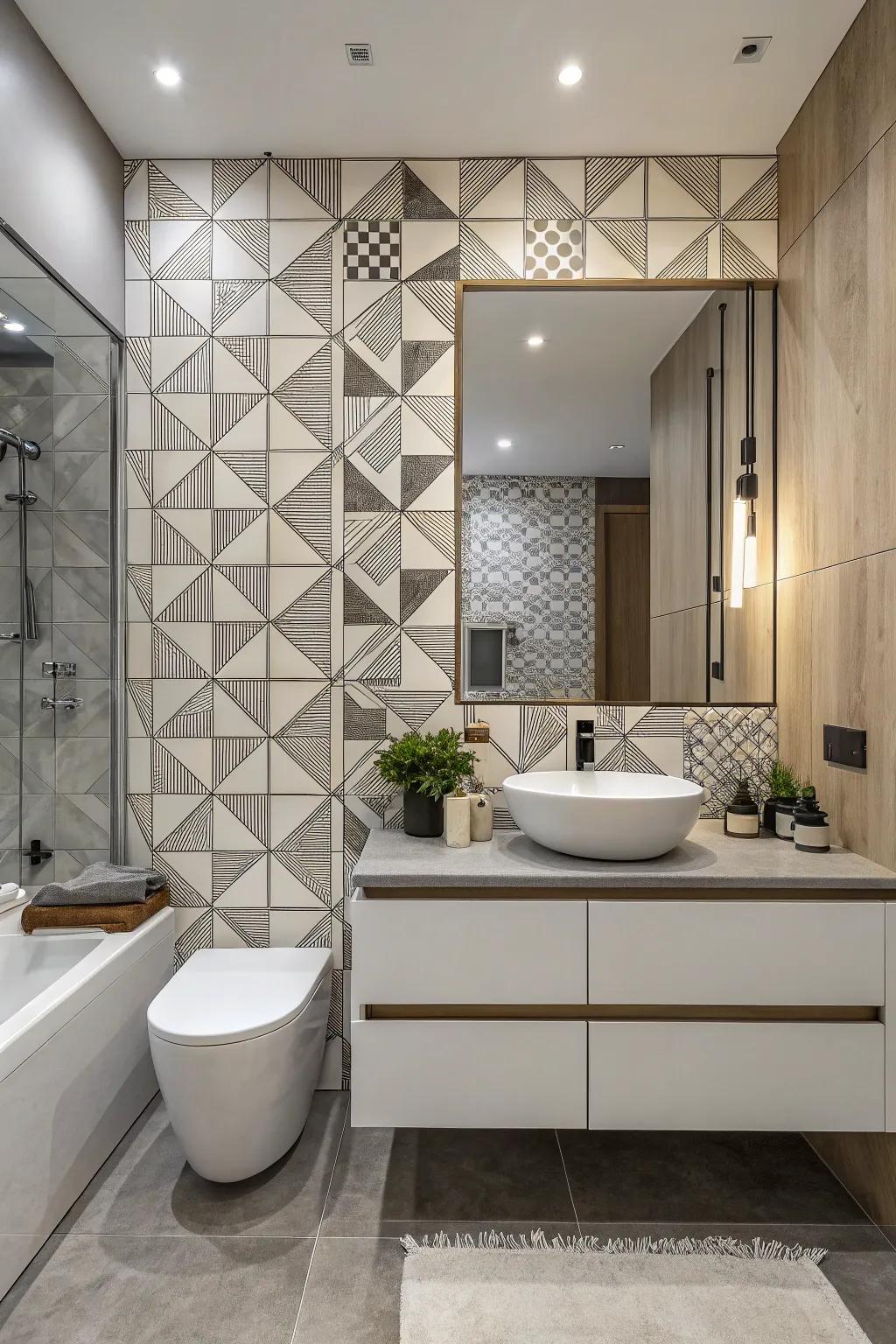 A dynamic bathroom with symmetrical layout accents.