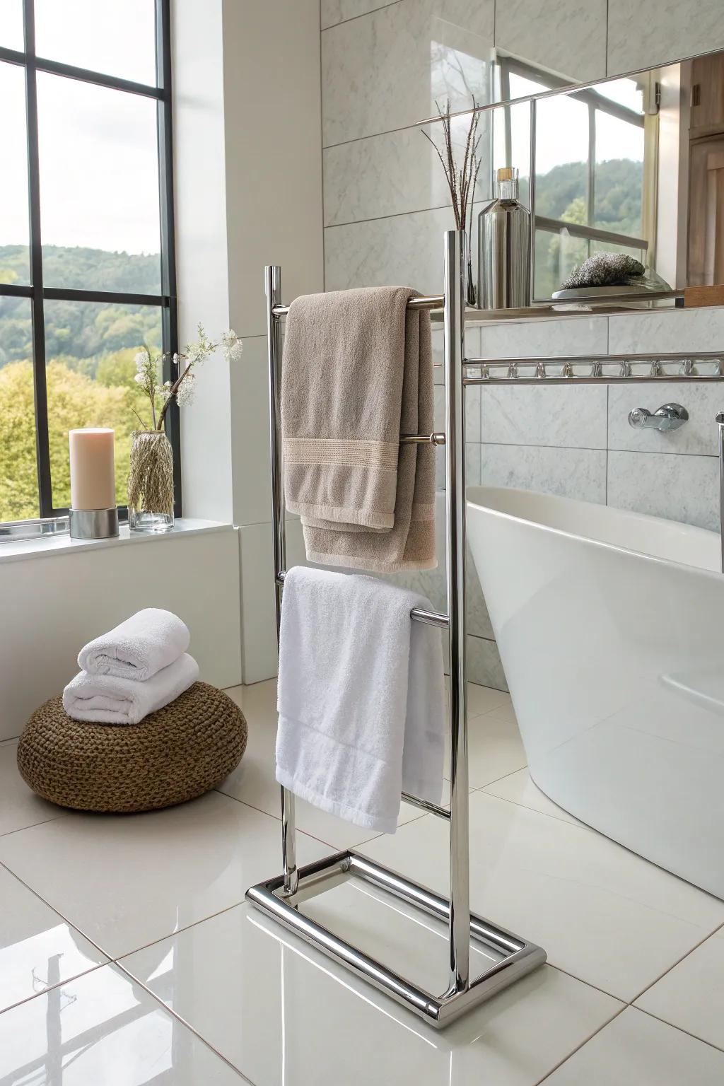 Self-standing towel trees bring a luxurious feel to towel storage.