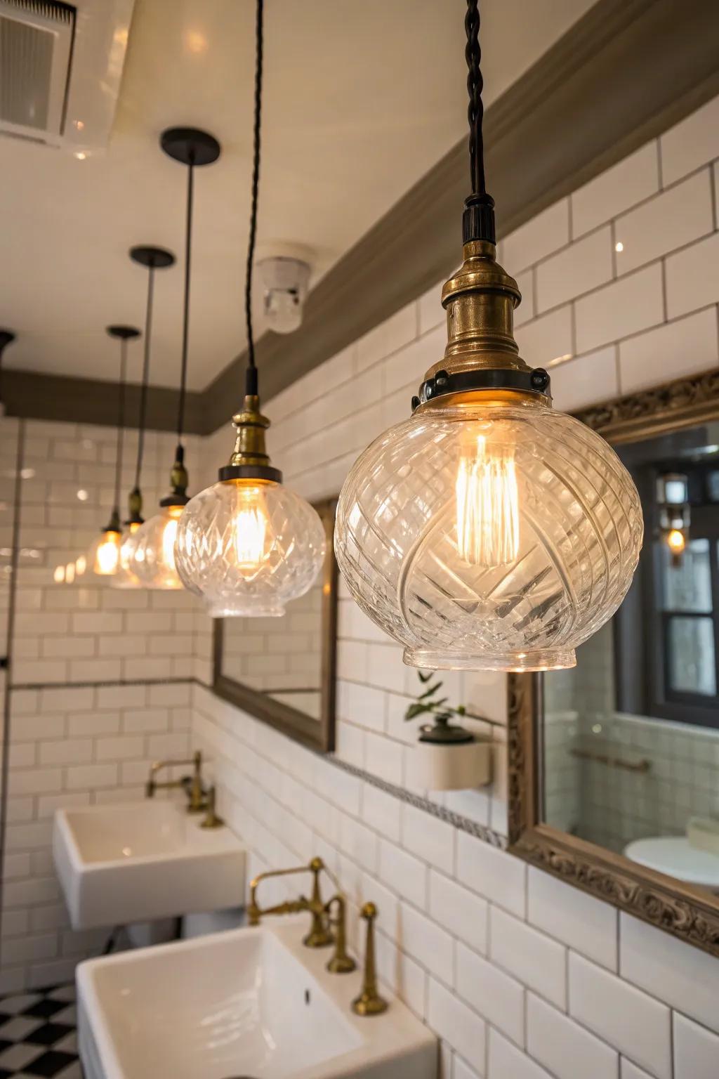 Glass hanging lights bring vintage charm and elegance to your bathroom.