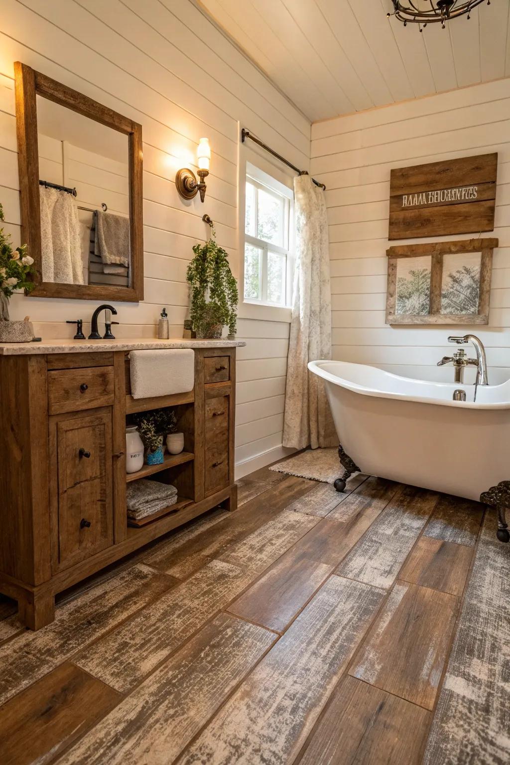 Resilient flooring with a weathered wood look adds rustic charm to this country-style bathroom.
