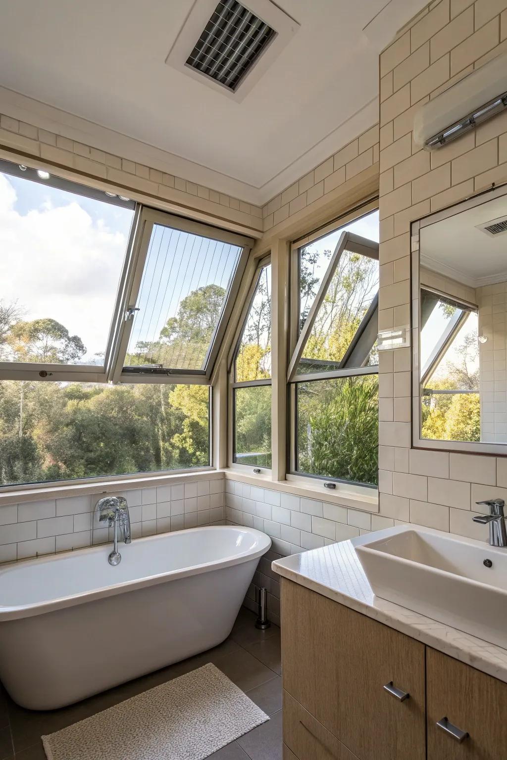 Angled windows offering ventilation and style within the bathroom.
