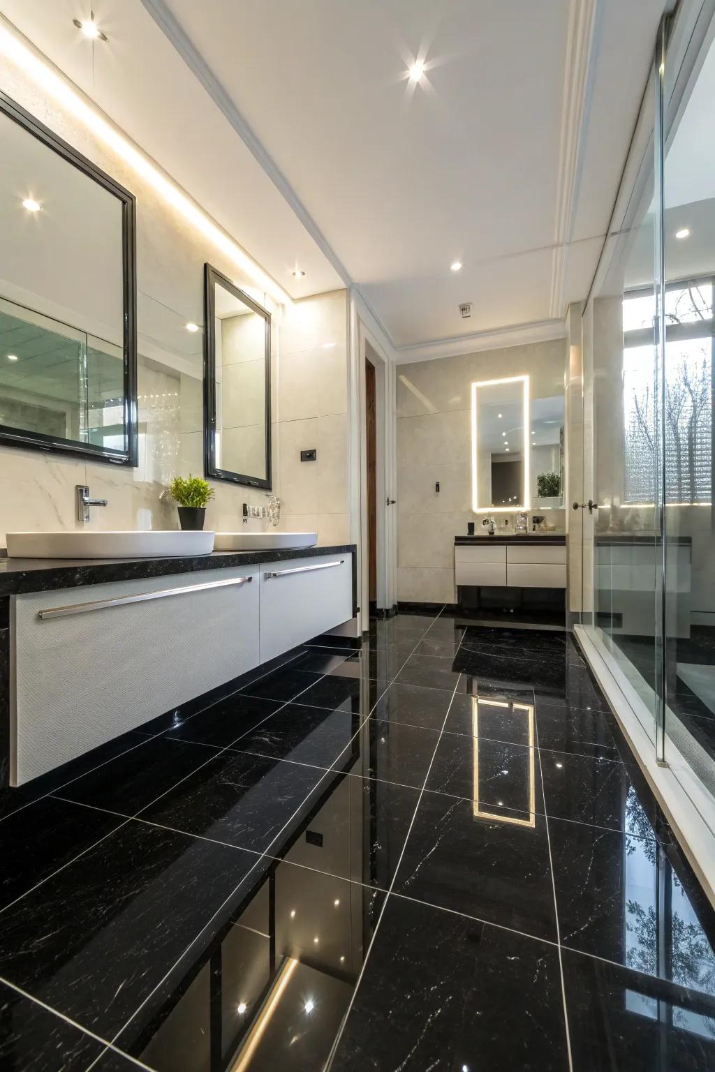 Shiny surfaces brighten up the room and elevate the black floor.