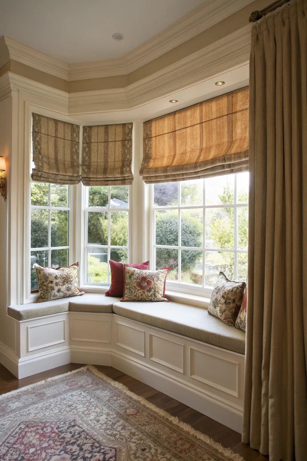 Conventional shades offer beauty and privacy to the bay window.