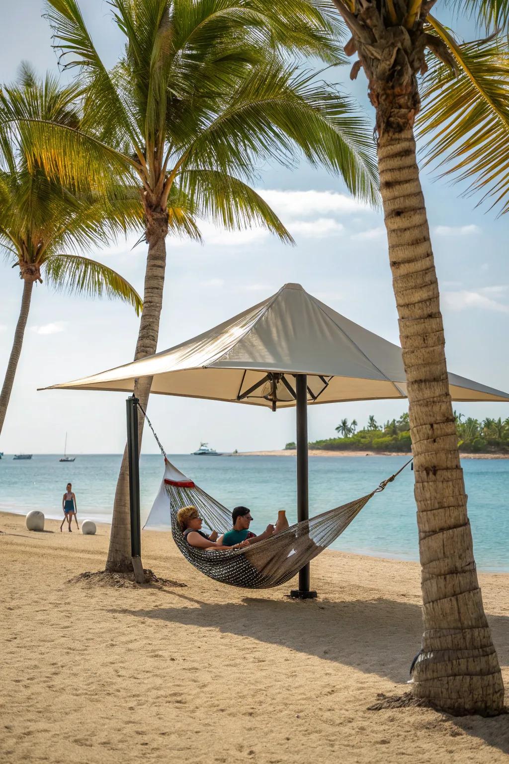 Relax in a hammock with built-in shade for the perfect beach nap.