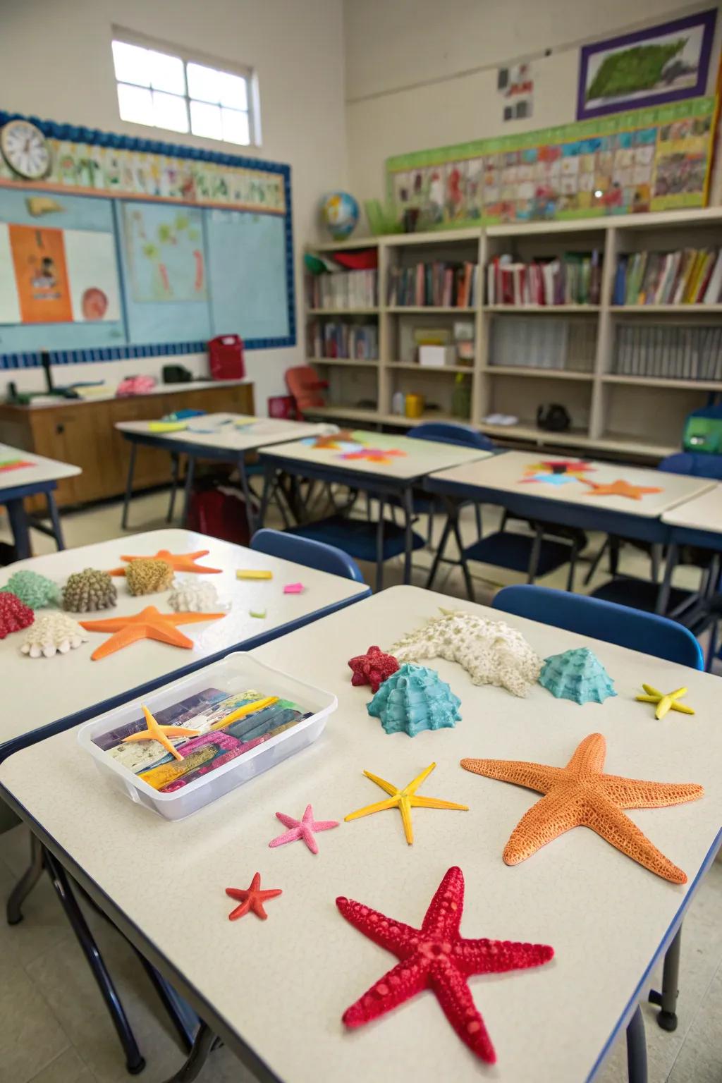 Starfish and coral ornamentation carry natural beach elements into the classroom.