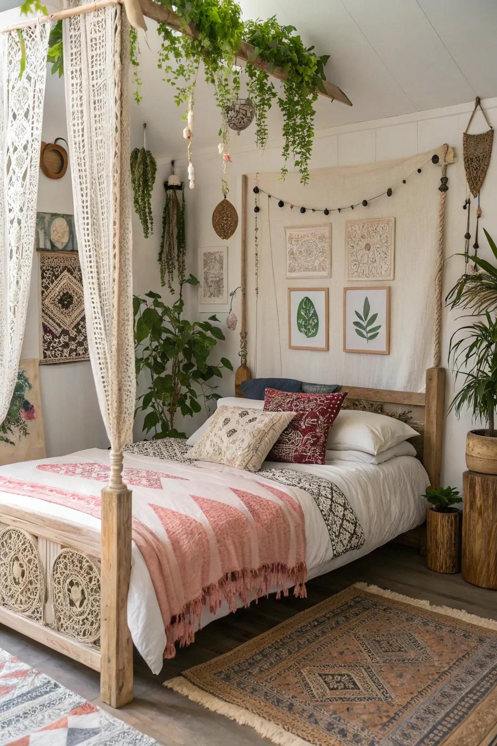 A bohemian bed frame creates a relaxed and artistic vibe.