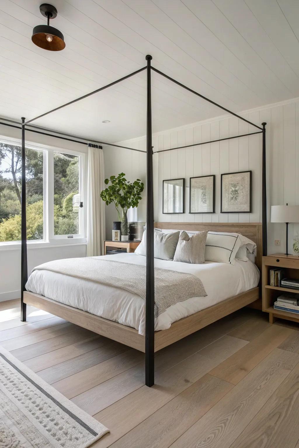 Minimalist bedposts provide a sleek, uncluttered look.