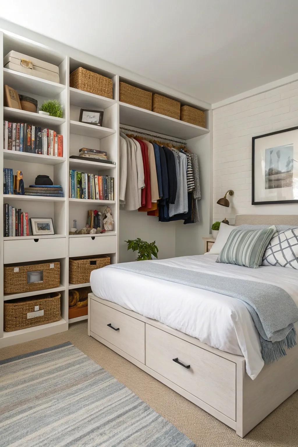 Clever storage solutions ensure a tidy and practical bedroom.
