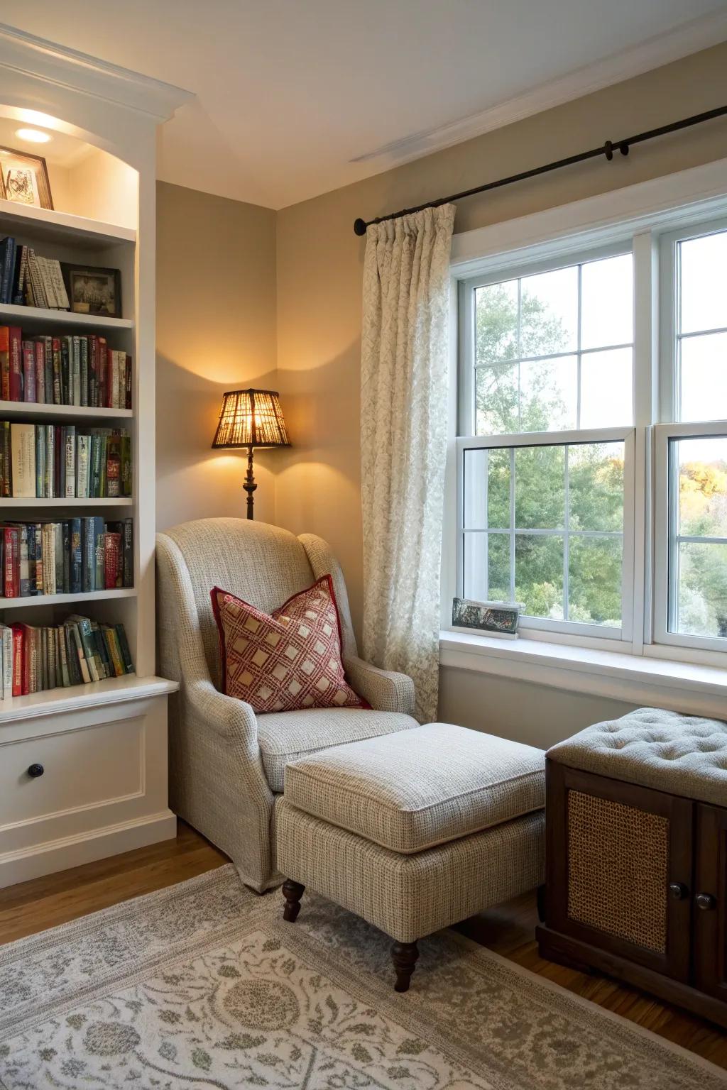 A snug reading corner contributes charm and relaxation to this bedroom.