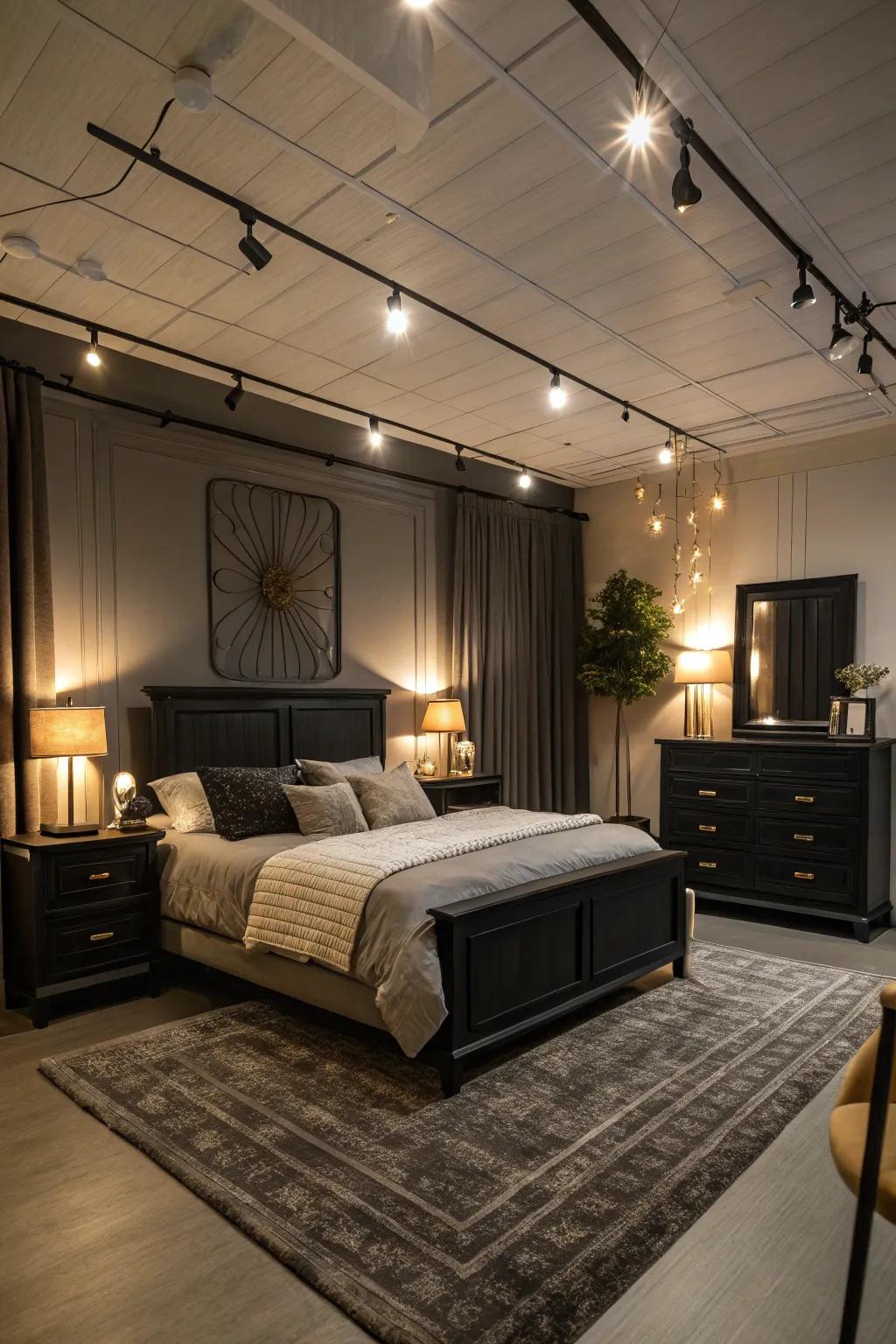 Strategic illumination emphasizes the key features of dark furniture, resulting in warmth.