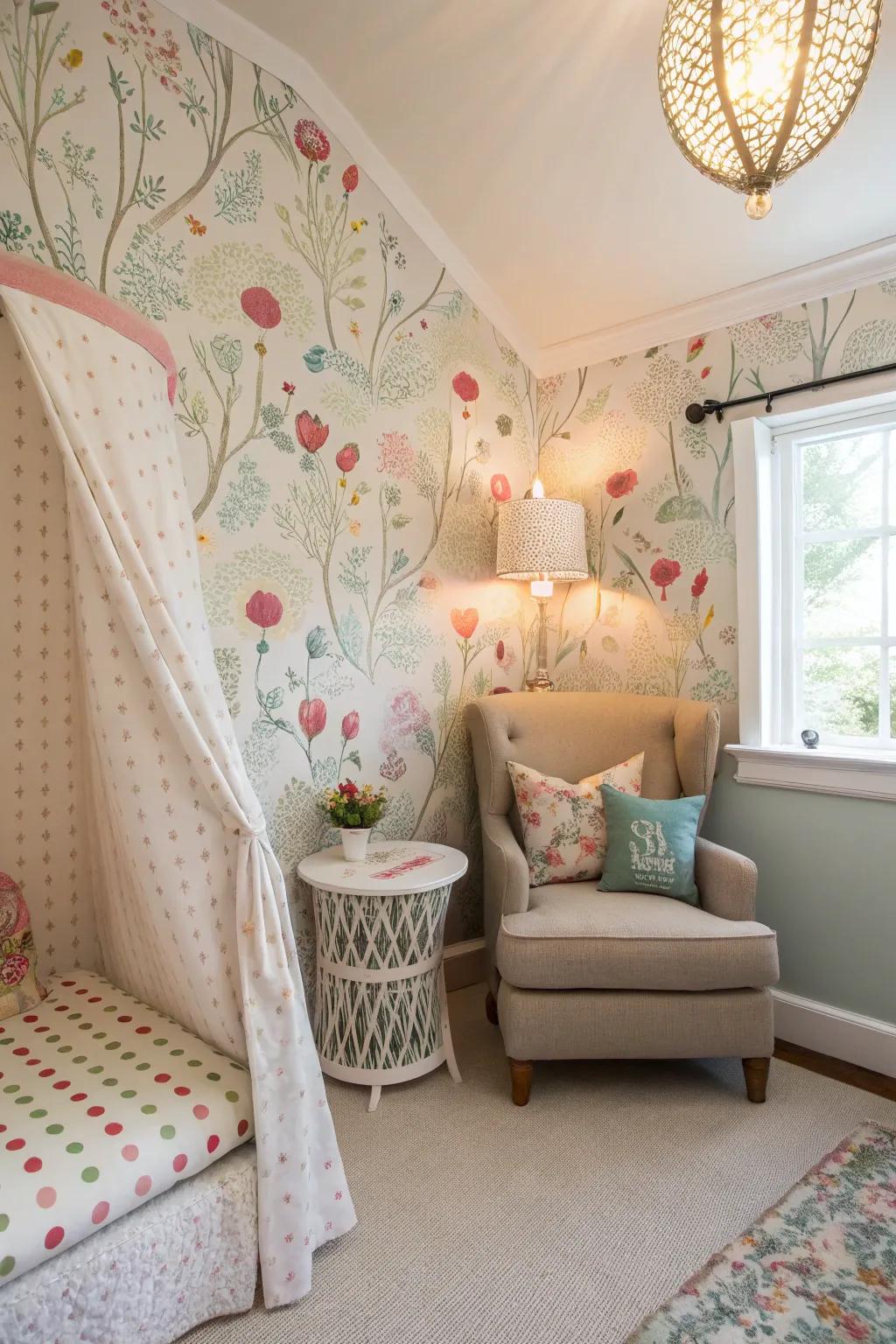 Charming wallpaper transforms this bedroom nook into a captivating space.