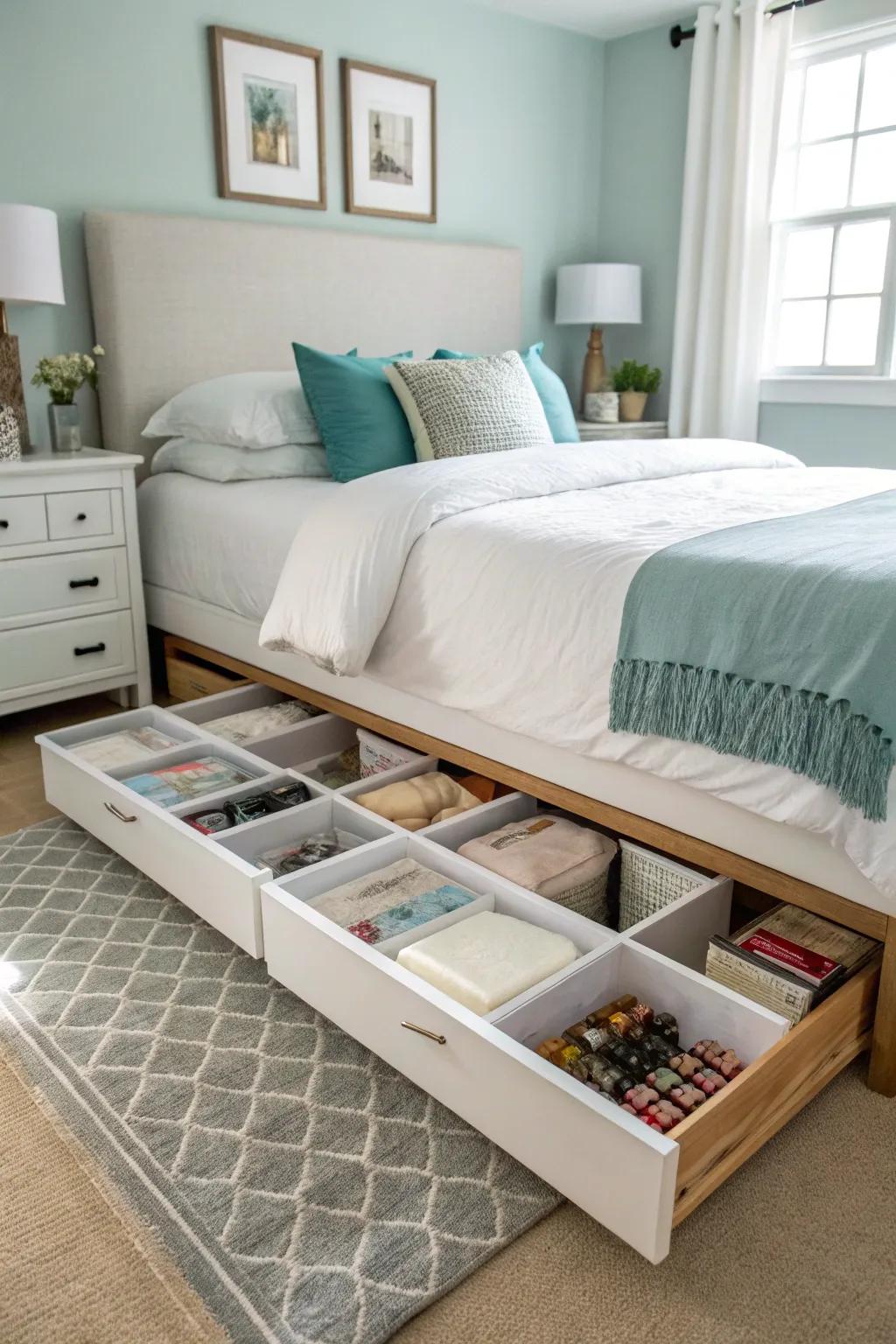 Under-bed storage keeps the area tidy and clutter-free.