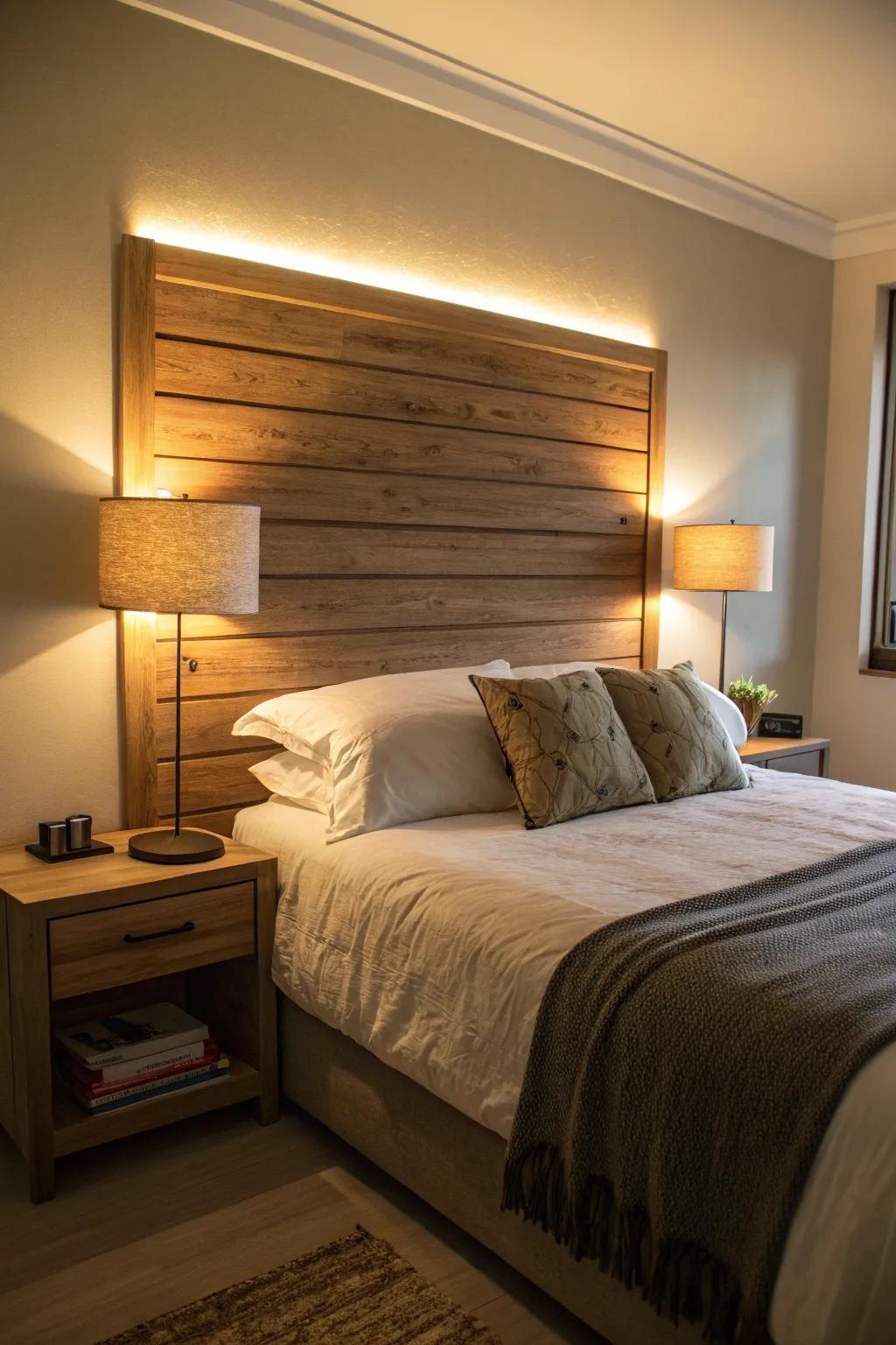 Illuminated headboards add drama and warmth to bedroom settings.
