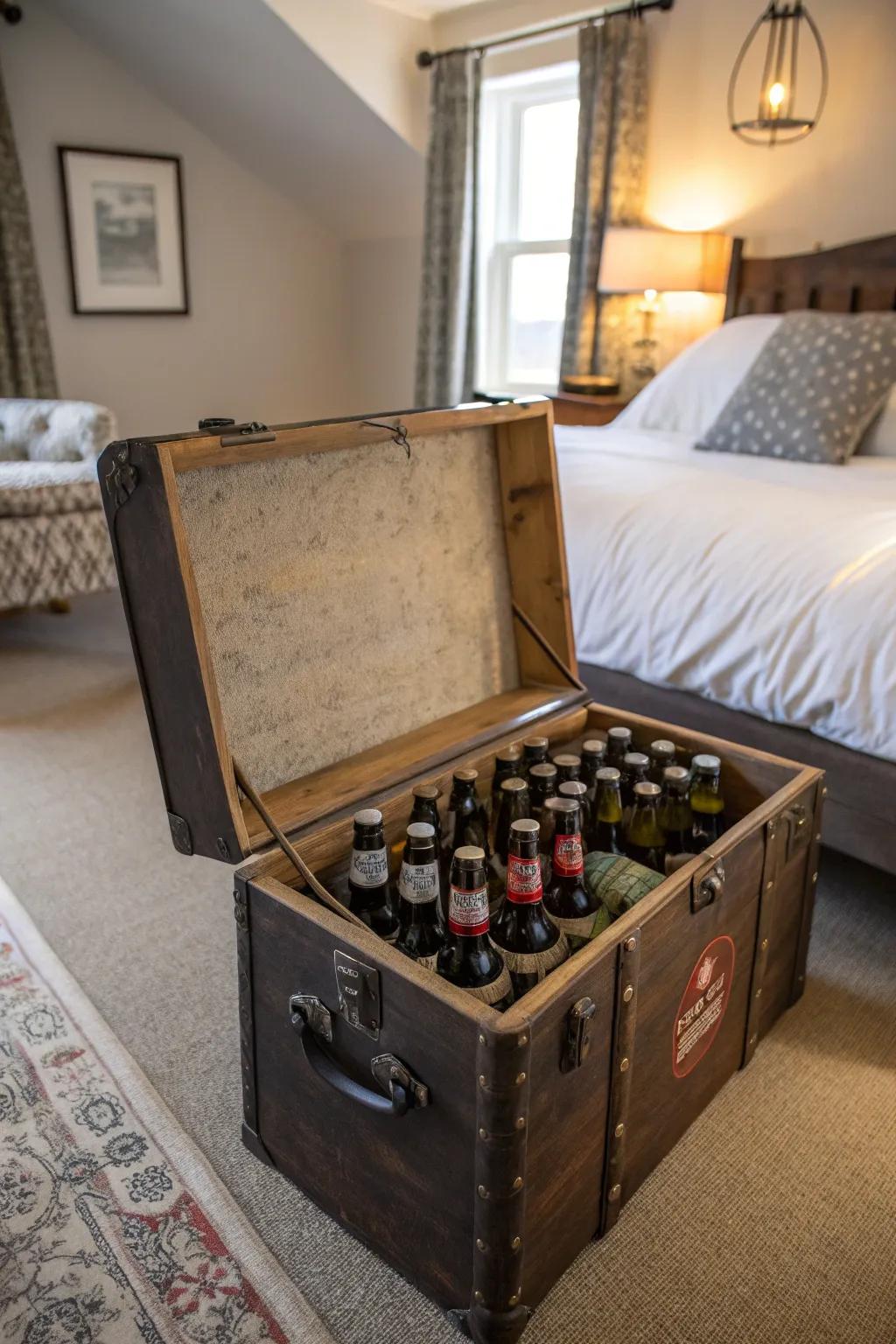 An antique trunk in the room putting away ale bottles, adding vintage appeal.