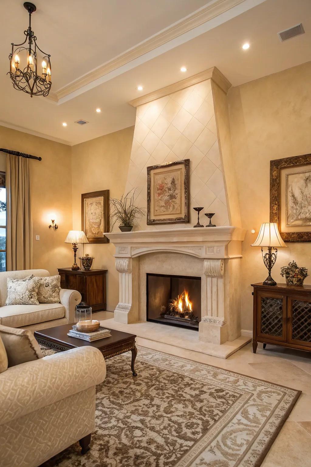 A beige fireplace serves as a warm focal point.