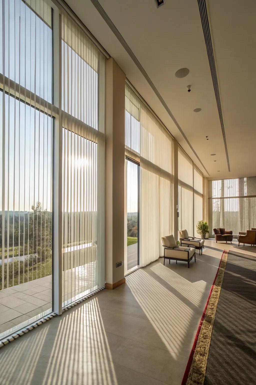 Vertical blinds for large, expansive windows.
