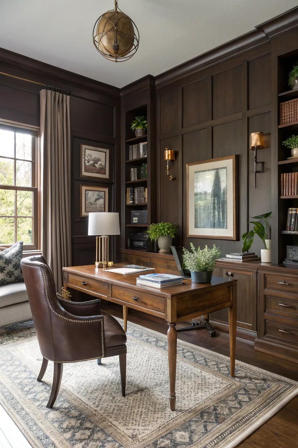 A sophisticated workspace featuring deep chestnut walls.