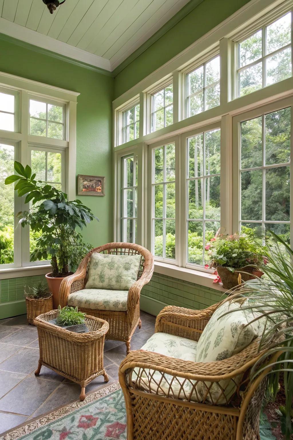A refreshing sunroom featuring harvest green walls.