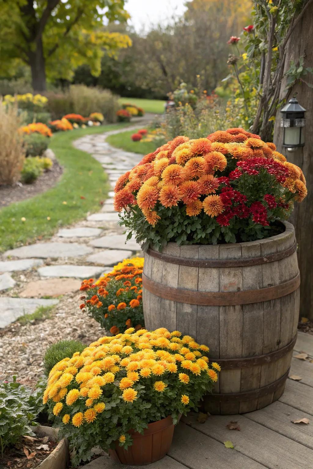 Festive Holiday Blooms bringing autumnal warmth to a whiskey barrel.