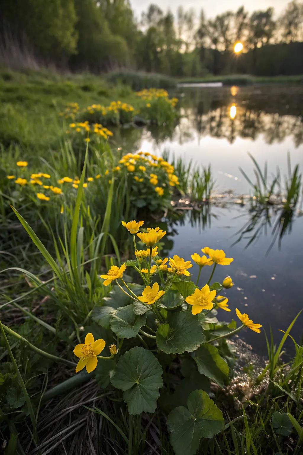 Fen Buttercup brightens the pond with its glimmering spring blooms.