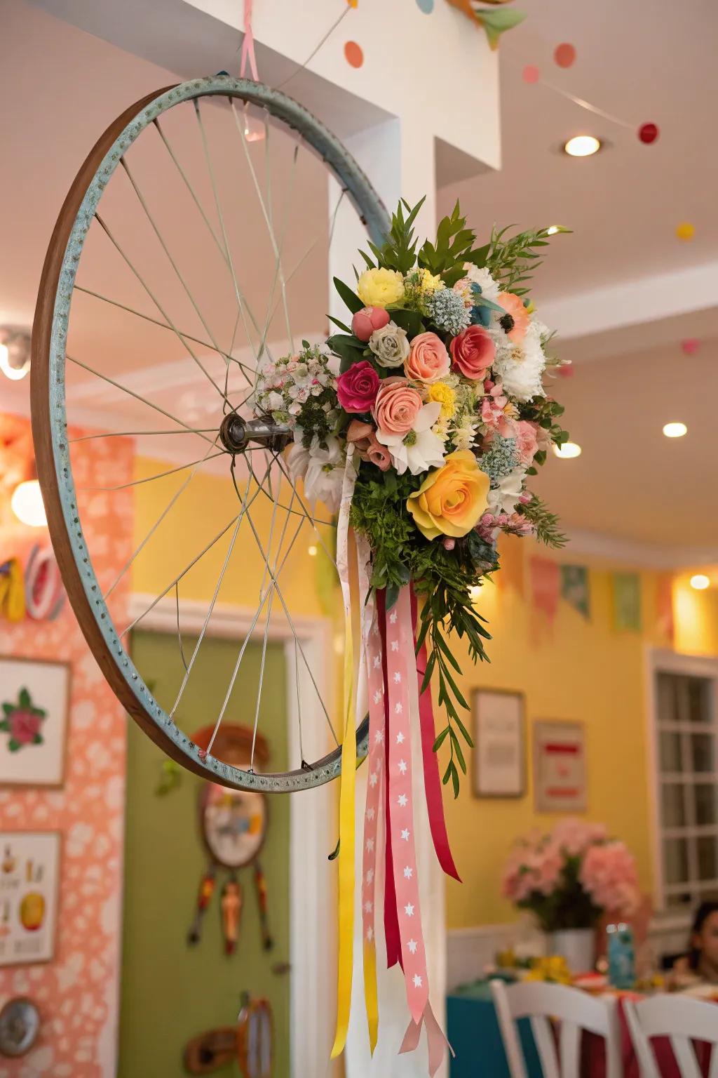 An eclectic bicycle wheel wreath with a mix of styles and textures for a unique look.