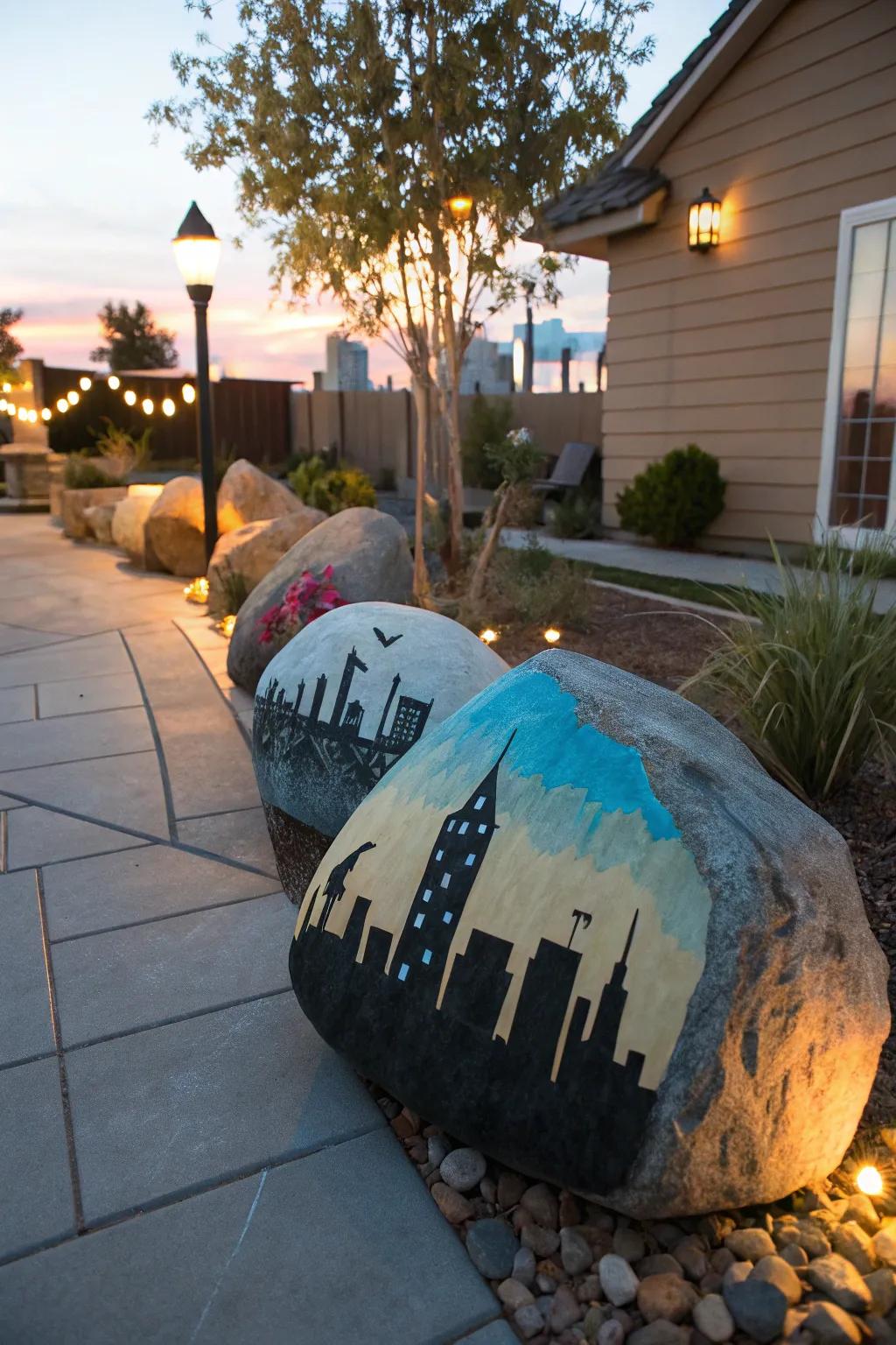 Bring urban vibes with cityscape silhouette rocks.