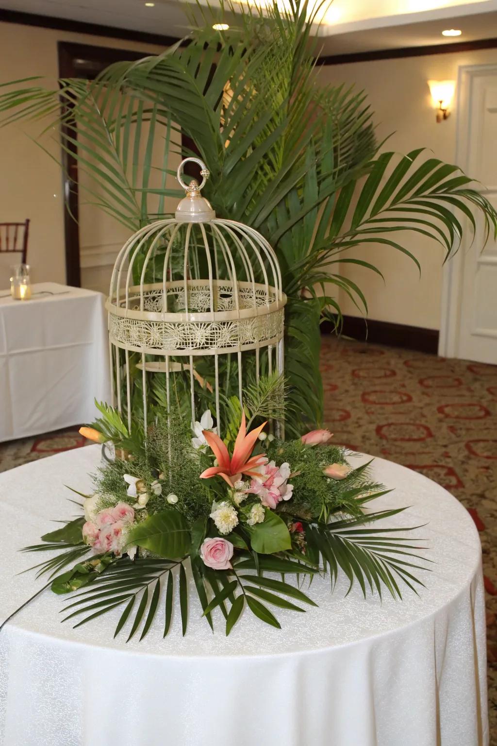A tropical-themed bird cage centerpiece featuring lush greenery.