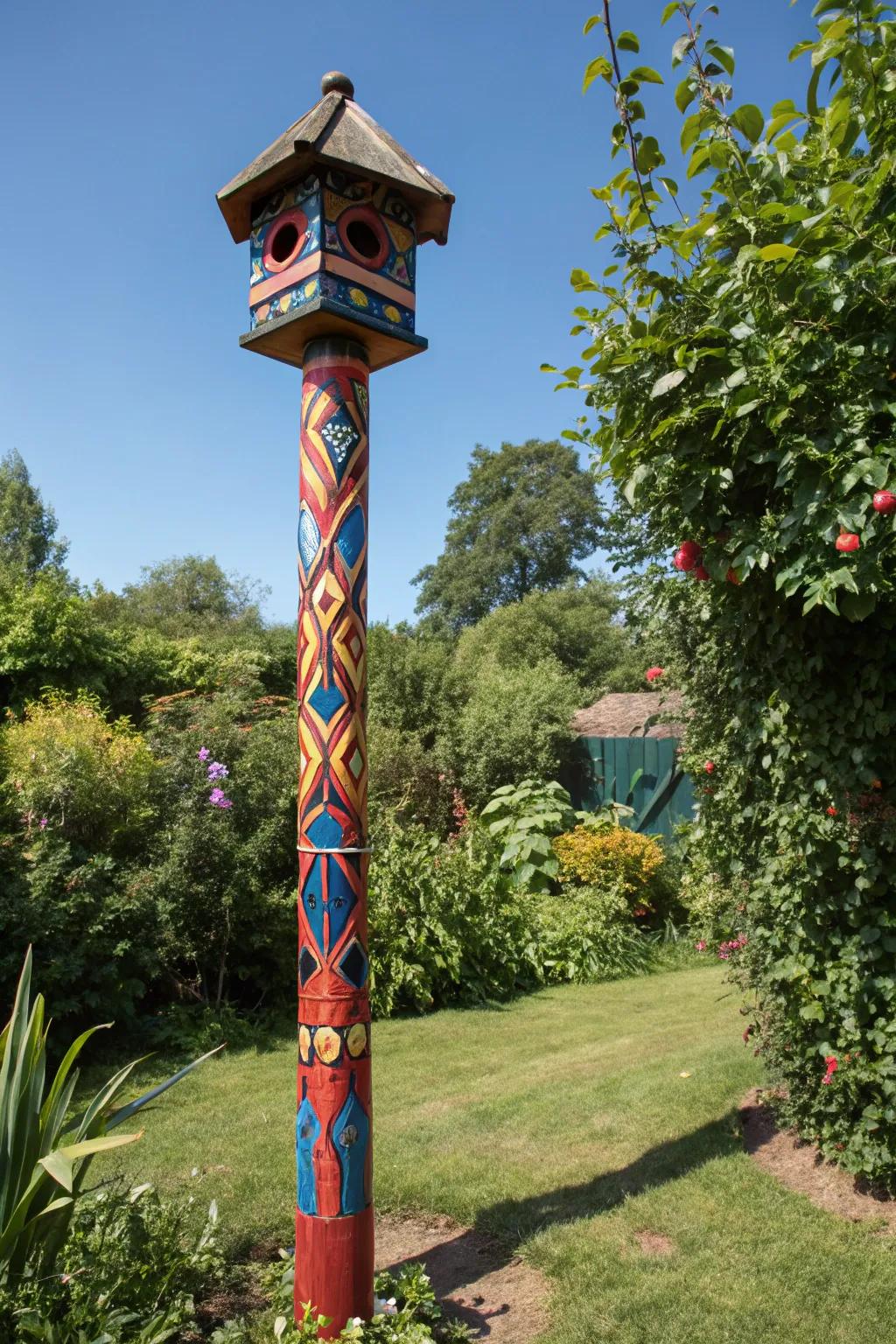 Transform your garden into a vibrant sanctuary through a vibrantly painted bird feeder pole.