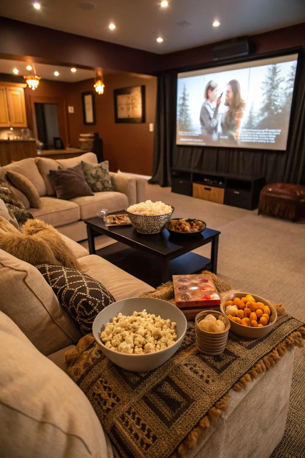 A living area transformed into a snug home theater setup.