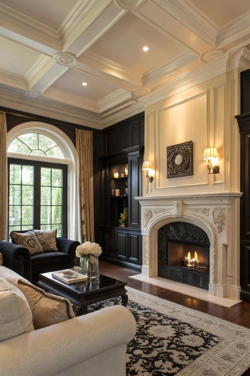 Architectural elements painted in ebony create depth in the ivory living room.