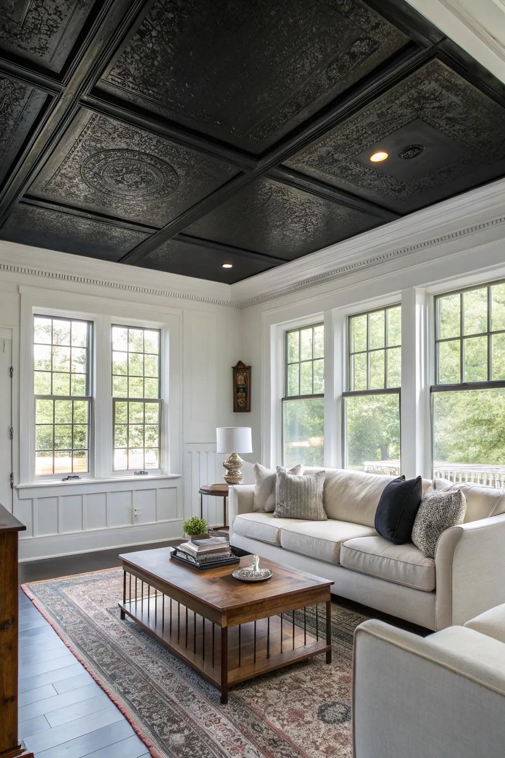 A striking dark ceiling creating an eye-catching element in a living space with pale walls.