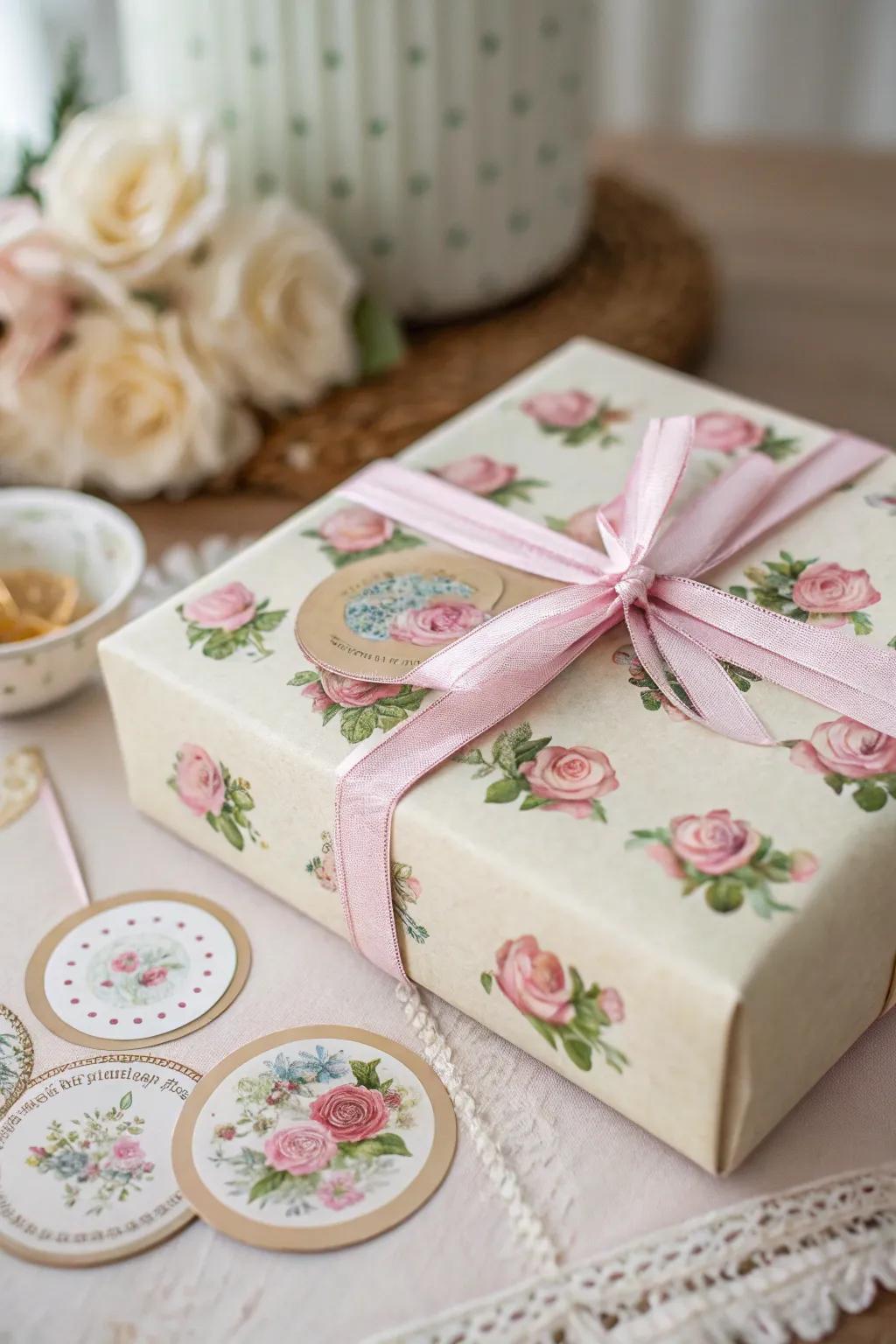 Aged floral decals adding elegance to a gift.