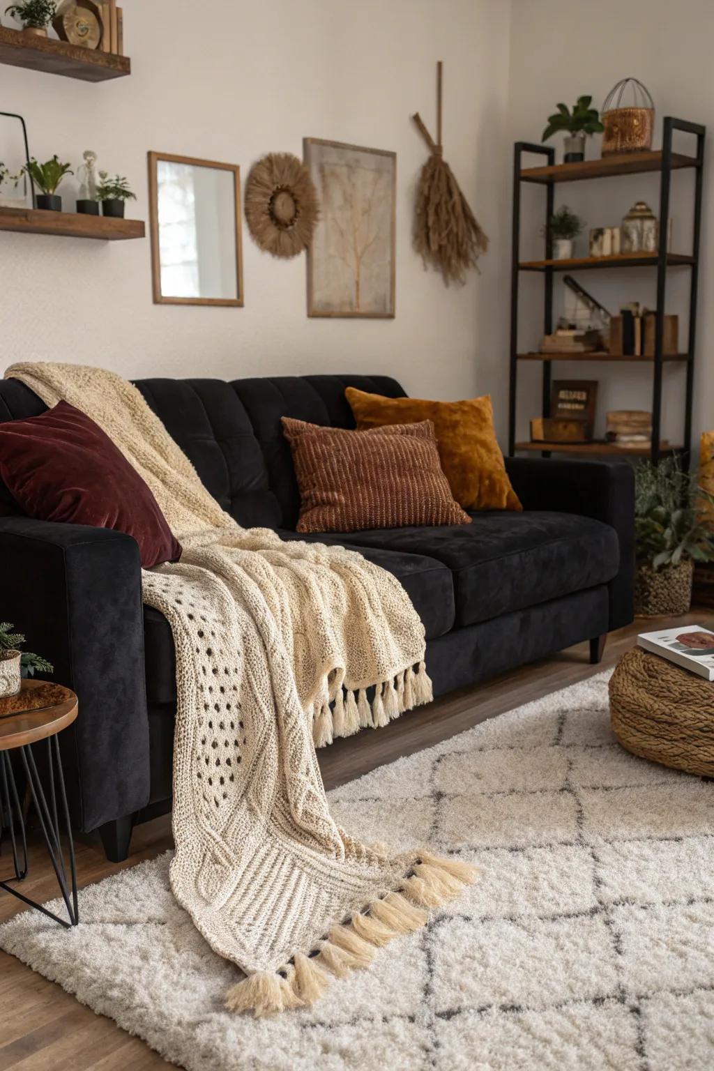 A black couch with rich textures.