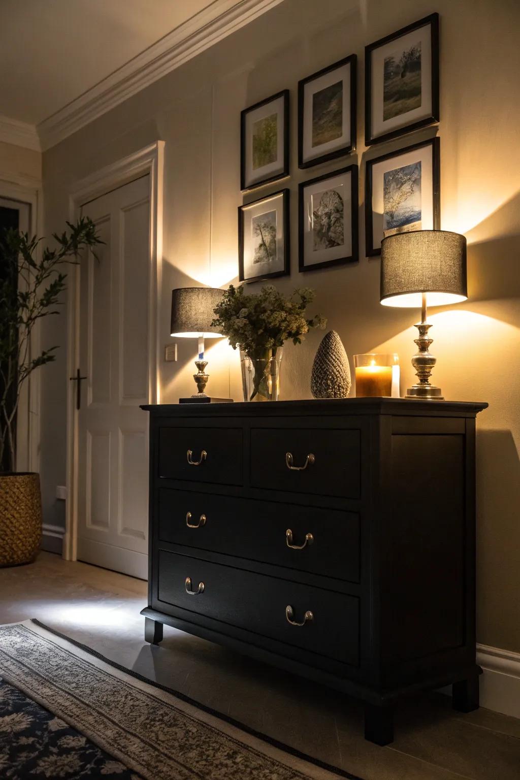 A dark stained dresser elegantly highlighted by warm accent lighting.