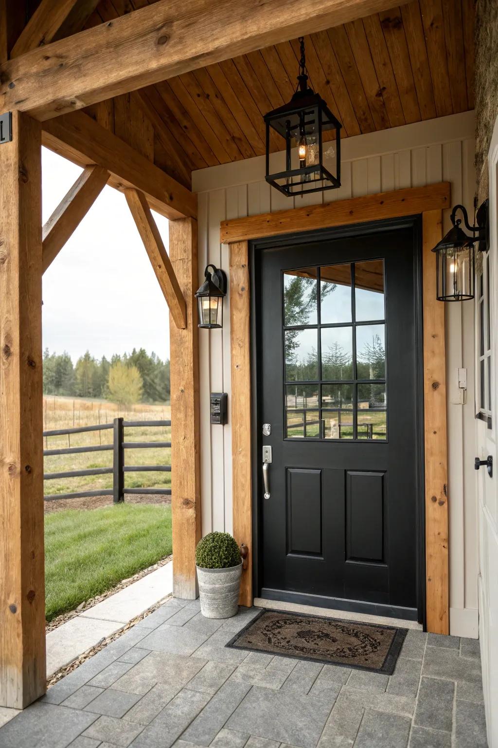 A modern farmhouse entrance with a chic dark-toned entrance.