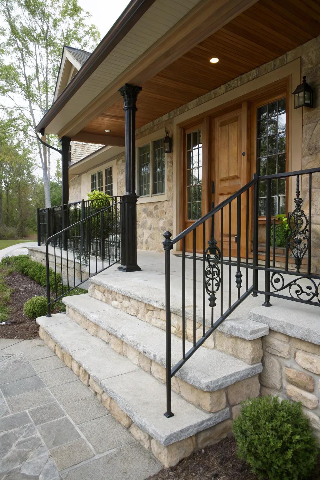 Stone and metal create a solid yet stylish porch look.