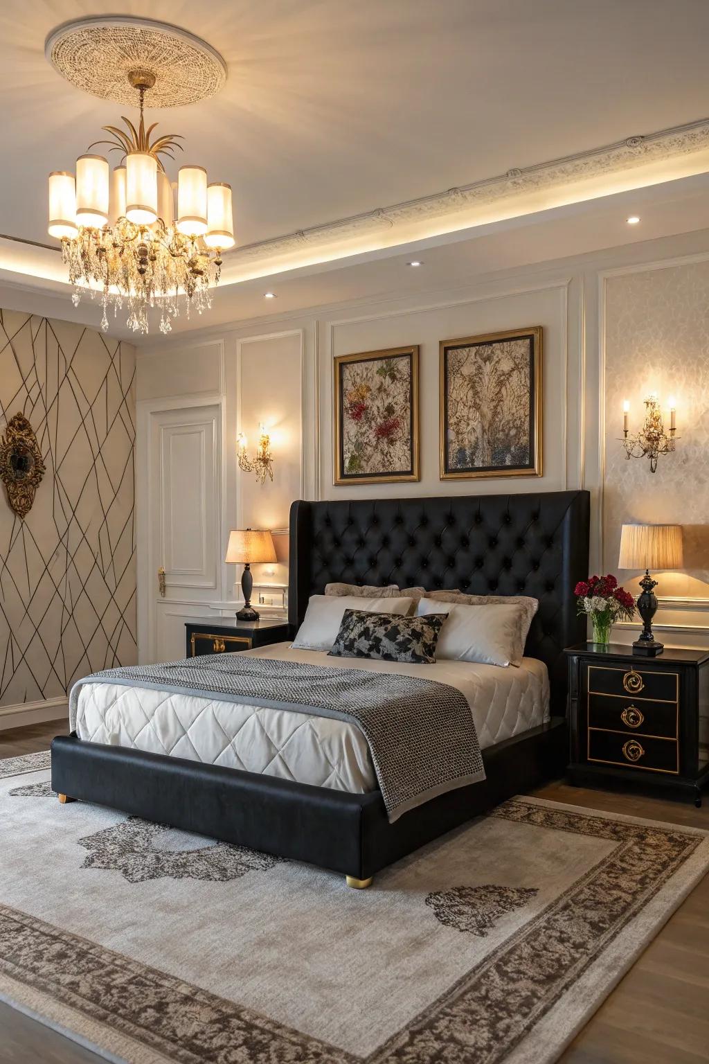 Artistic bedroom featuring striking lighting and a dark headboard