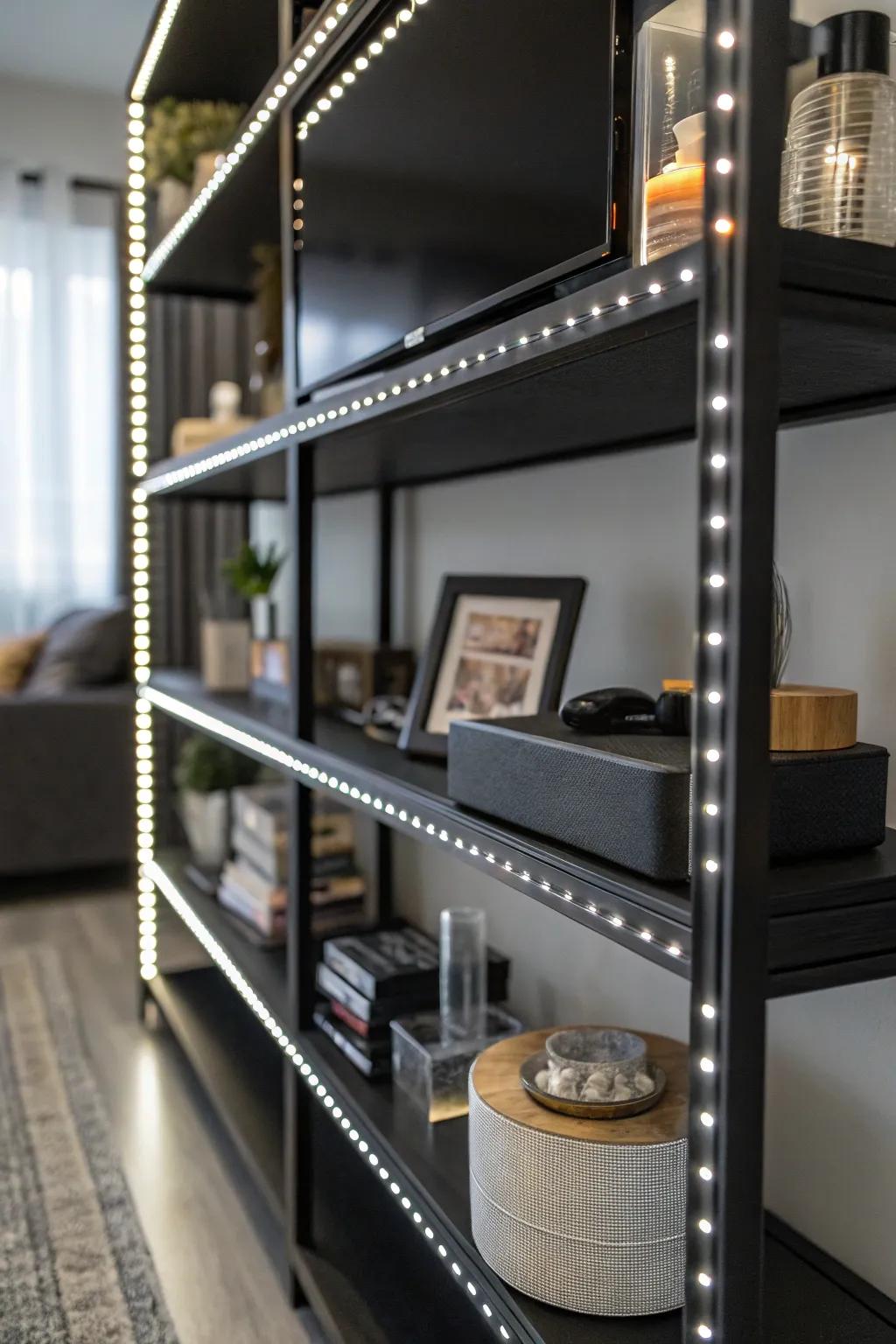 LED lights emphasizing decor on a black shelf, creating a modern ambiance.