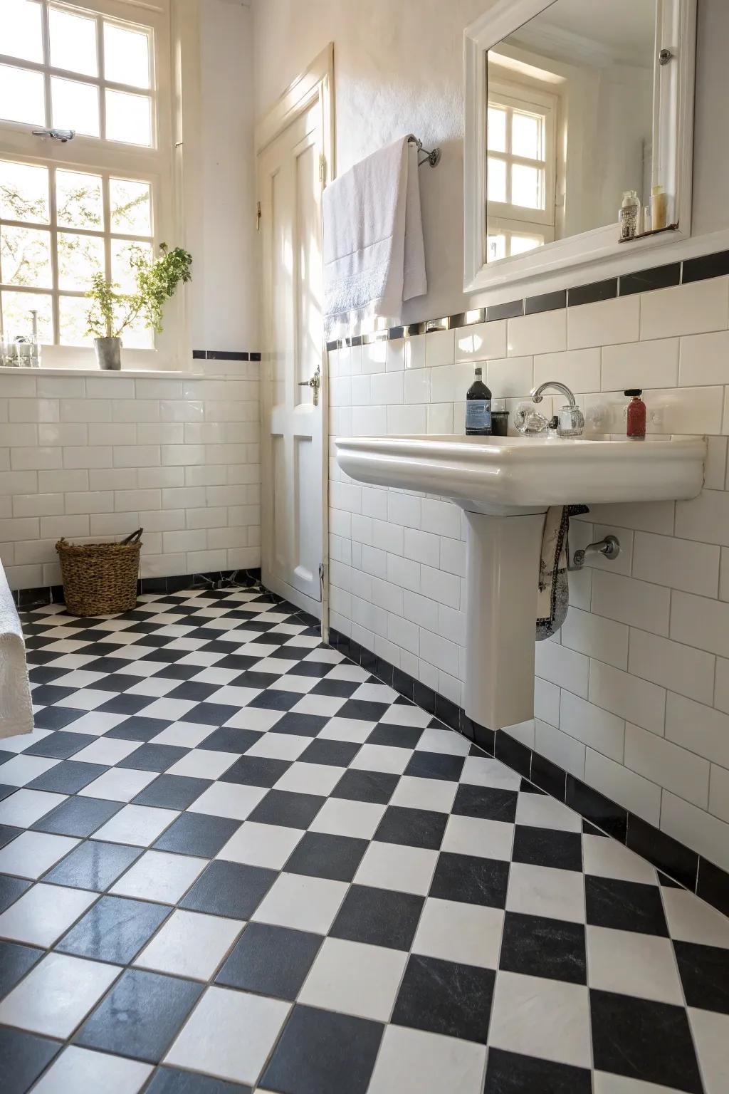 The dark and bright panel pattern adds classic charm to the bathroom.